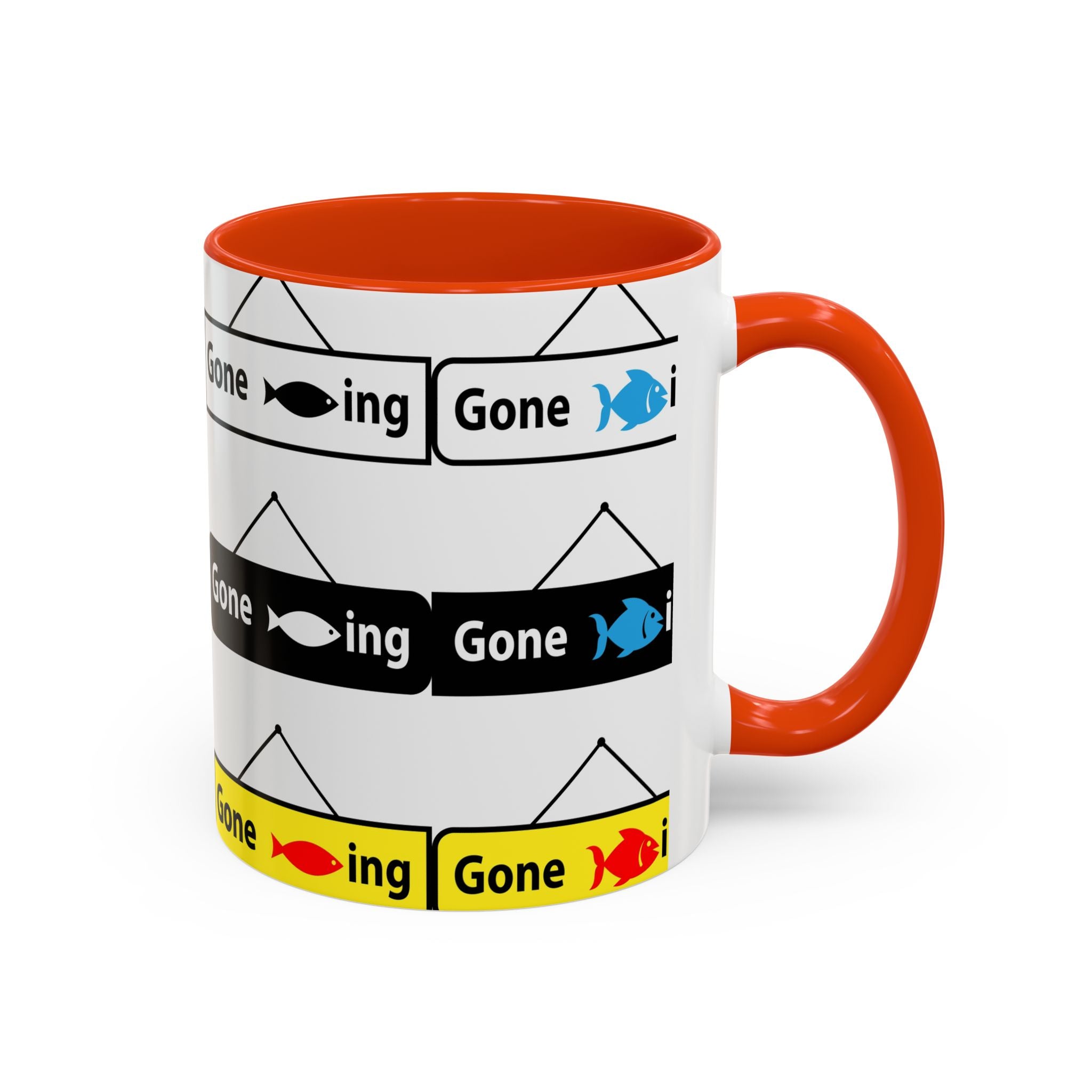 Gone Fishing Mug | Colorful Fish Sign Repeat Pattern, 11oz 15oz