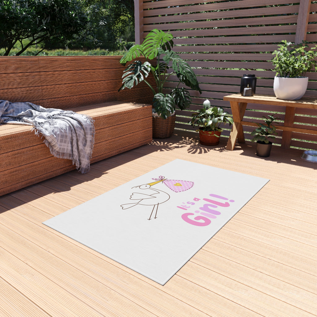 Stork with Bundle It's a Girl Outdoor Rug | Baby Shower Nursery Decor