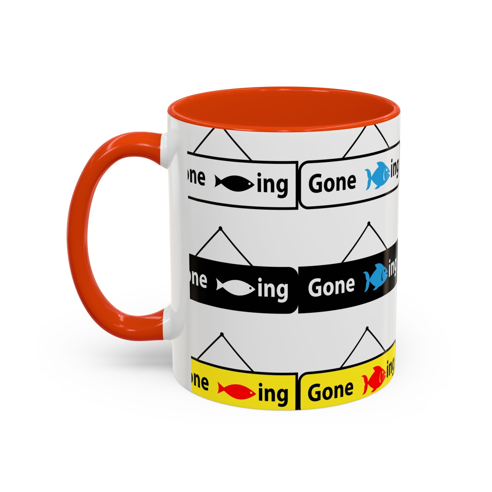 Gone Fishing Mug | Colorful Fish Sign Repeat Pattern, 11oz 15oz