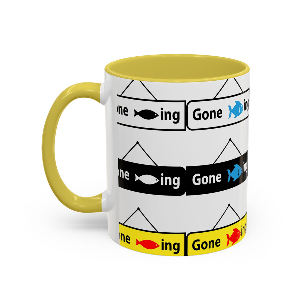 Gone Fishing Mug | Colorful Fish Sign Repeat Pattern, 11oz 15oz