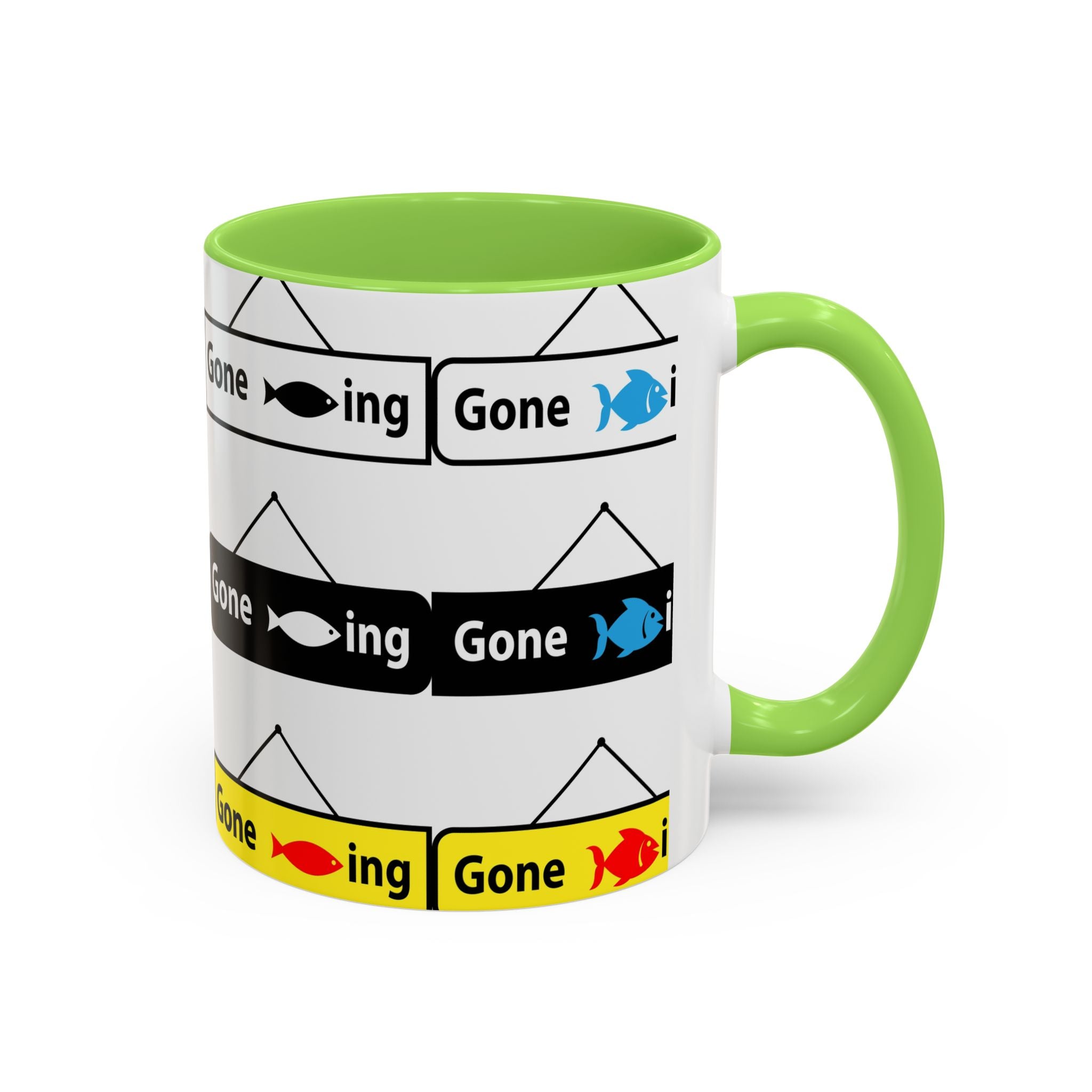 Gone Fishing Mug | Colorful Fish Sign Repeat Pattern, 11oz 15oz