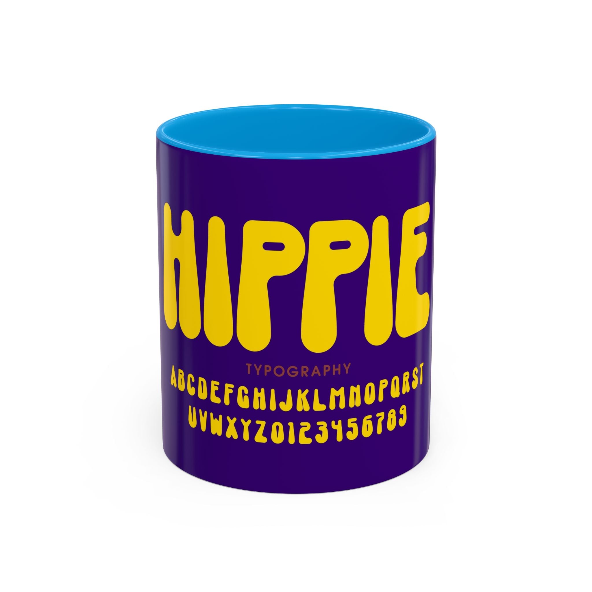 Hippie Typography Mug | Retro 70s Bubble Letters, Purple Yellow 11oz 15oz