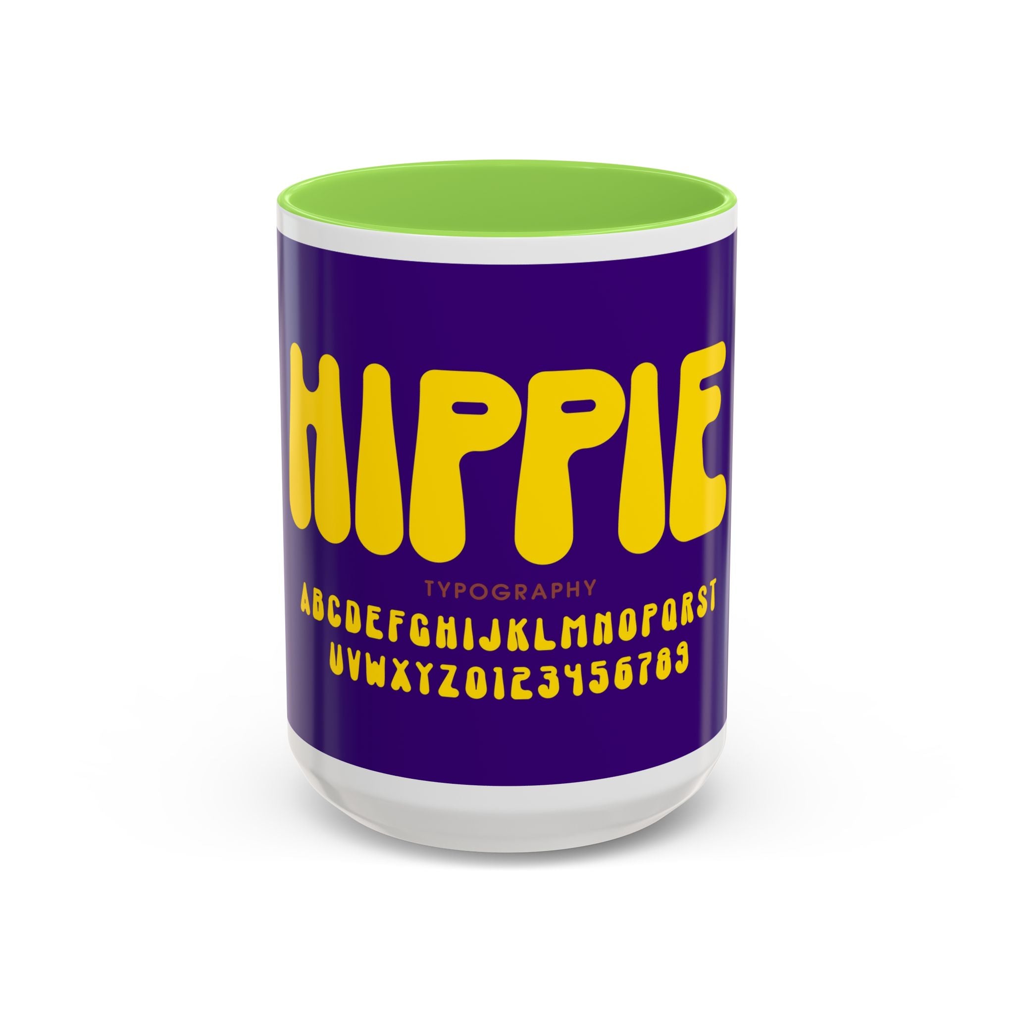 Hippie Typography Mug | Retro 70s Bubble Letters, Purple Yellow 11oz 15oz