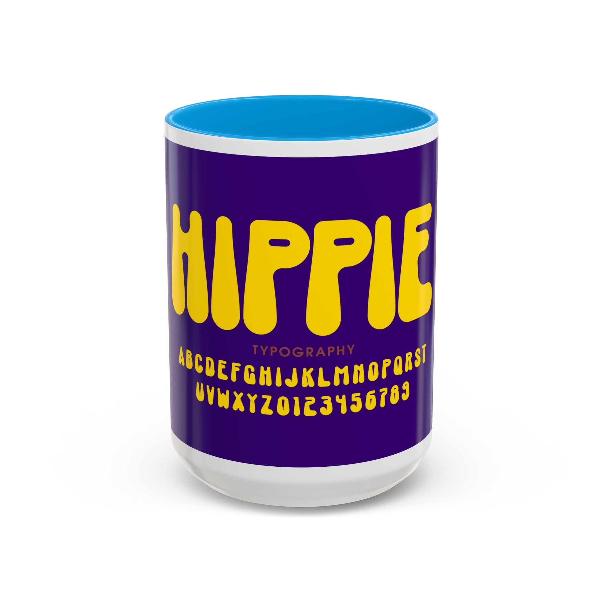 Hippie Typography Mug | Retro 70s Bubble Letters, Purple Yellow 11oz 15oz