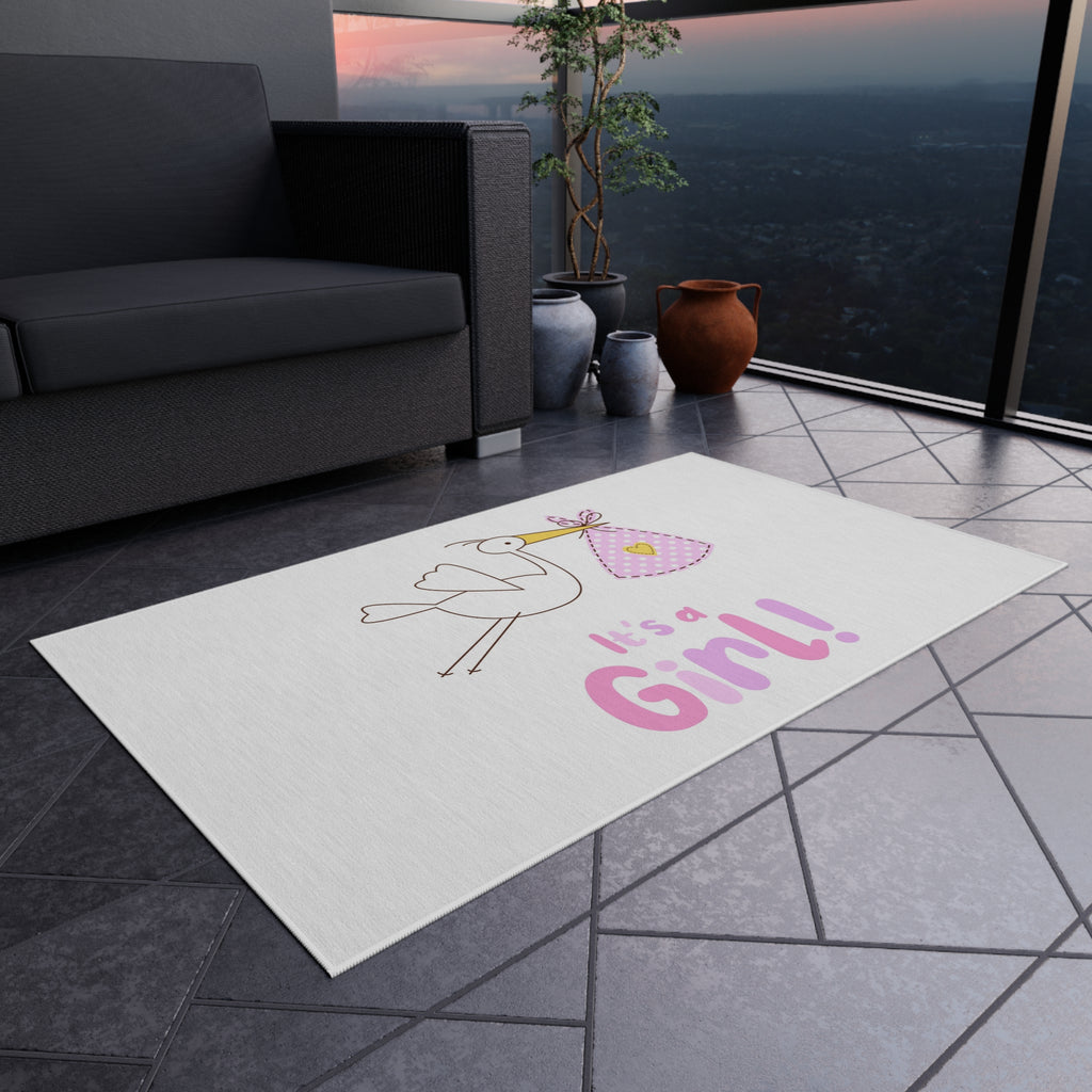 Stork with Bundle It's a Girl Outdoor Rug | Baby Shower Nursery Decor