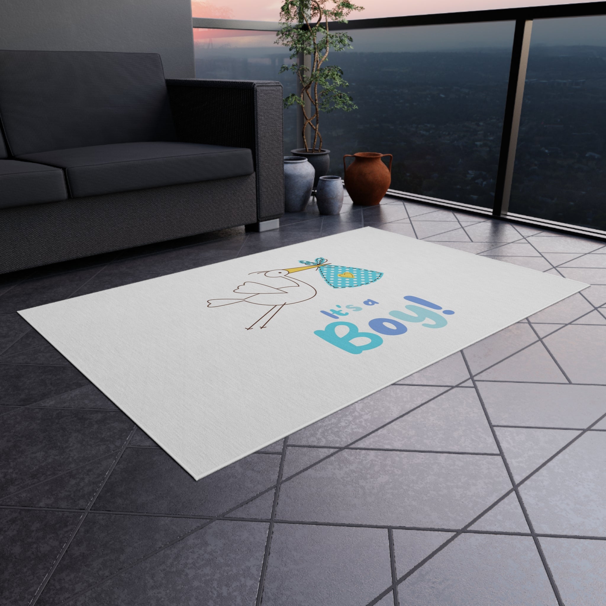 It's a Boy stork illustration Outdoor Rug | baby shower nursery decor