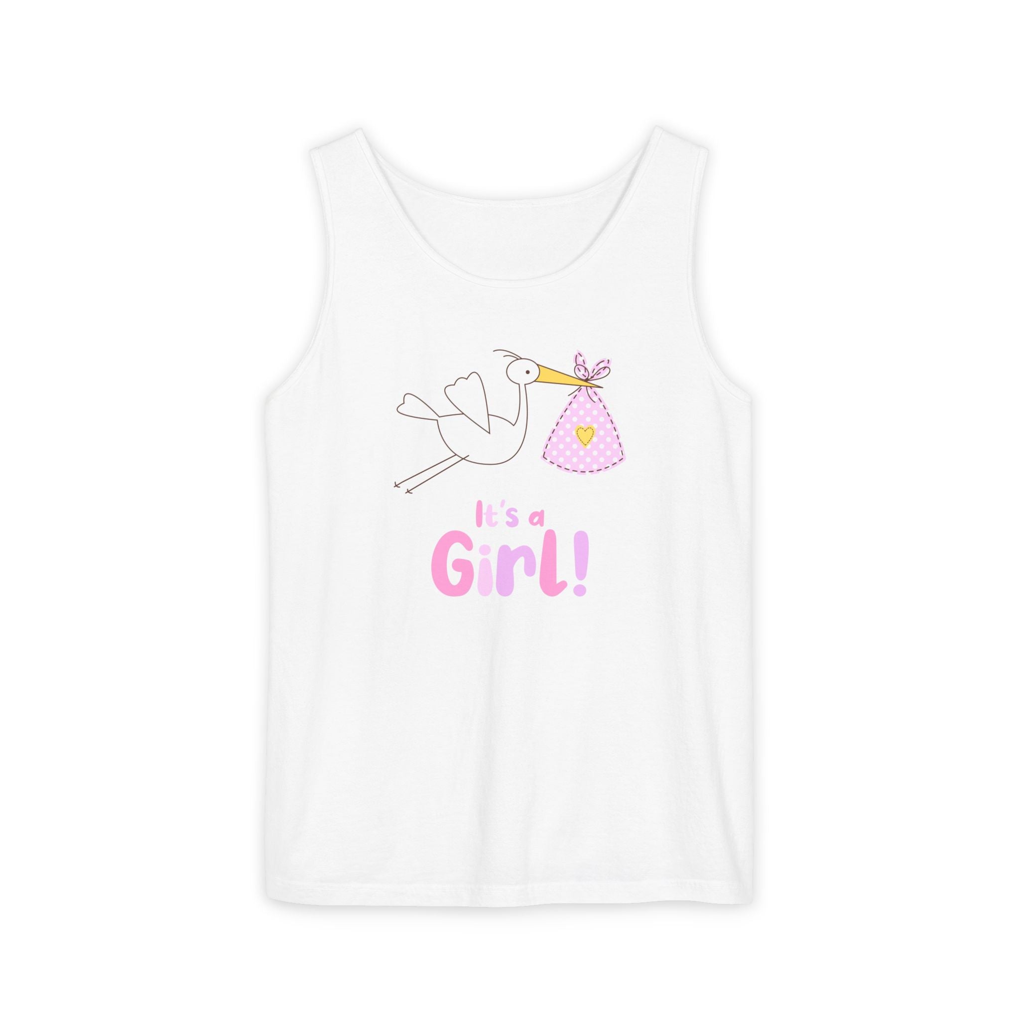 Stork Carrying Pink Bundle It's a Girl tank top | Baby Announcement