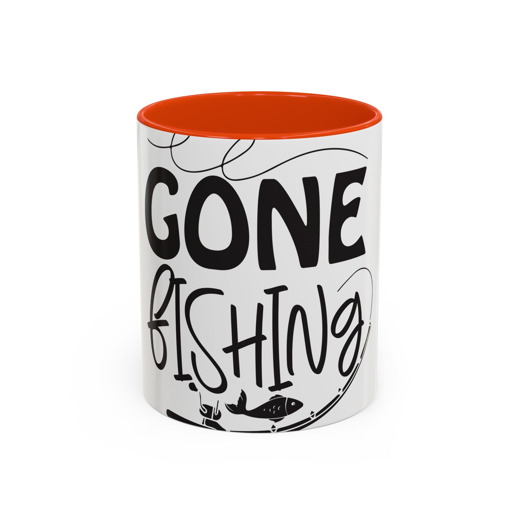Gone Fishing mug | Fishing typography coffee mug, black handle and rim