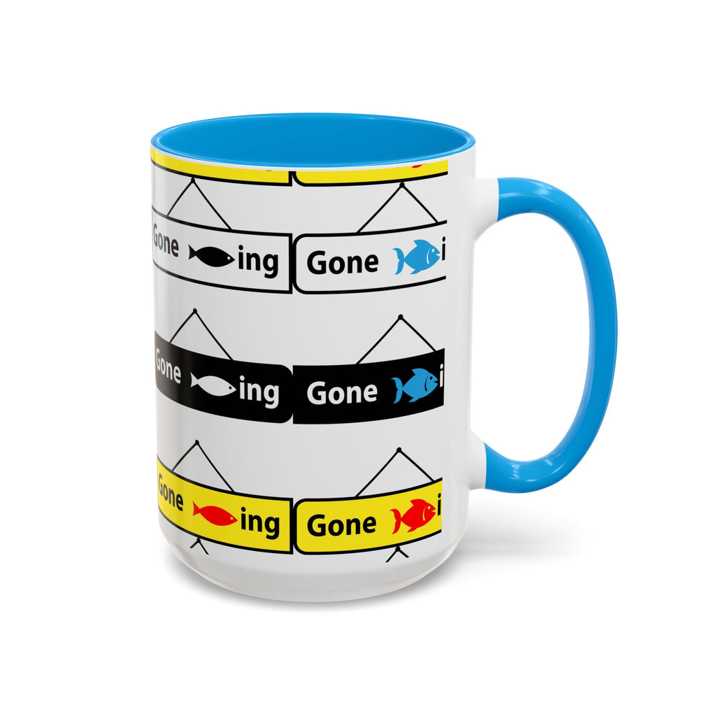 Gone Fishing Mug | Colorful Fish Sign Repeat Pattern, 11oz 15oz