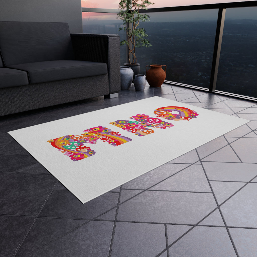 Retro Floral 'MHO' Lettering Outdoor Rug | Hippie Flower Power Doormat