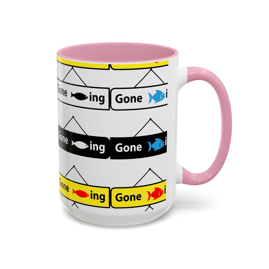 Gone Fishing Mug | Colorful Fish Sign Repeat Pattern, 11oz 15oz