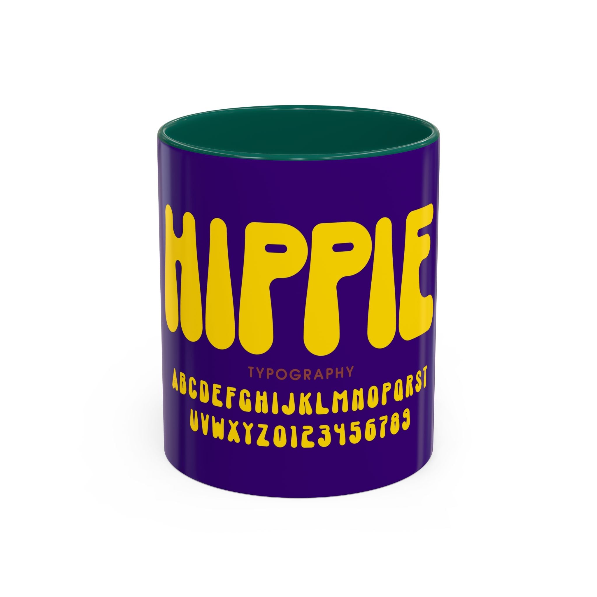 Hippie Typography Mug | Retro 70s Bubble Letters, Purple Yellow 11oz 15oz