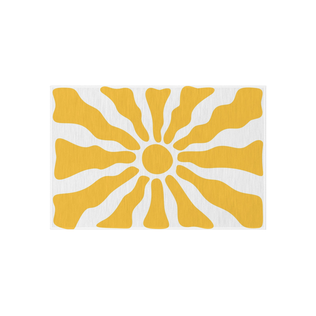 Yellow Sunburst Outdoor Rug | Retro Radiant Sun Pattern Patio Mat