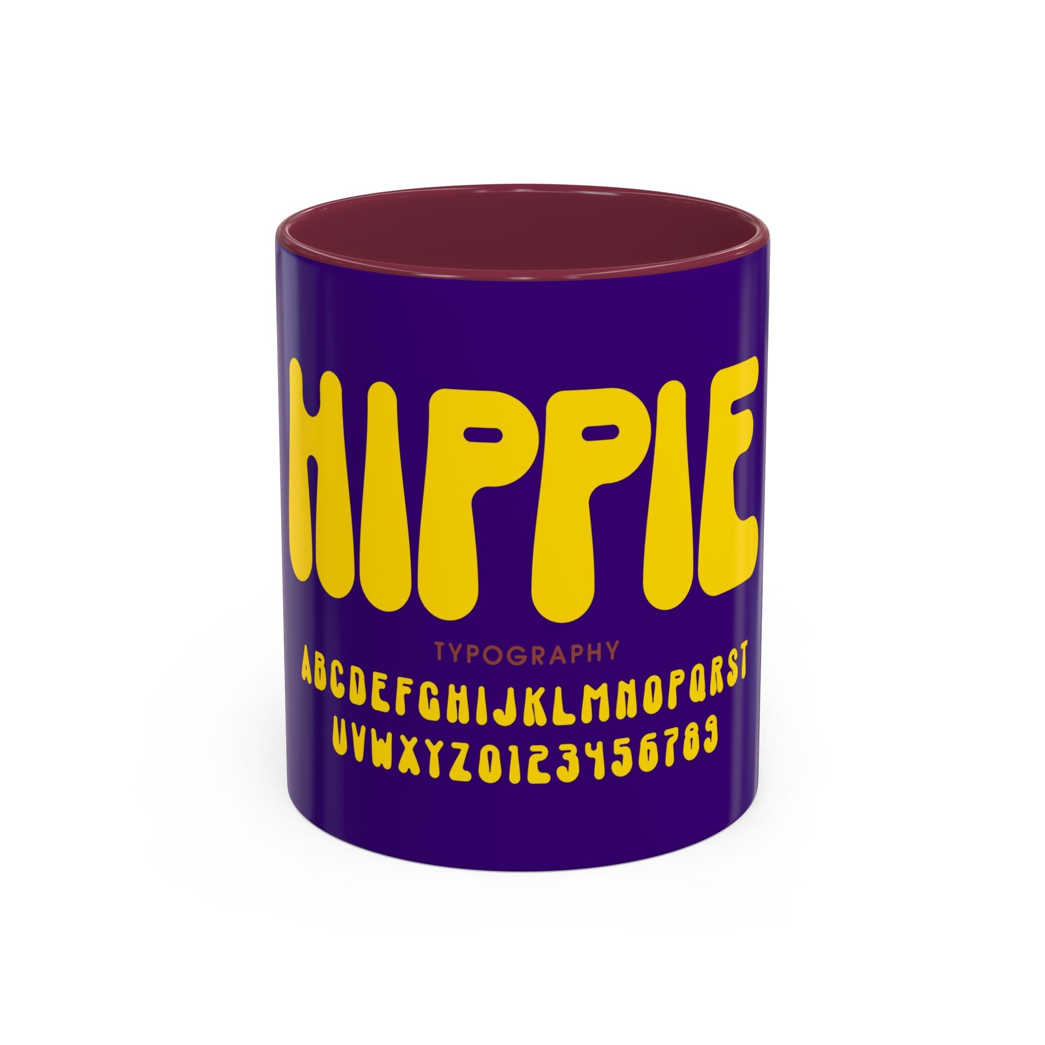 Hippie Typography Mug | Retro 70s Bubble Letters, Purple Yellow 11oz 15oz