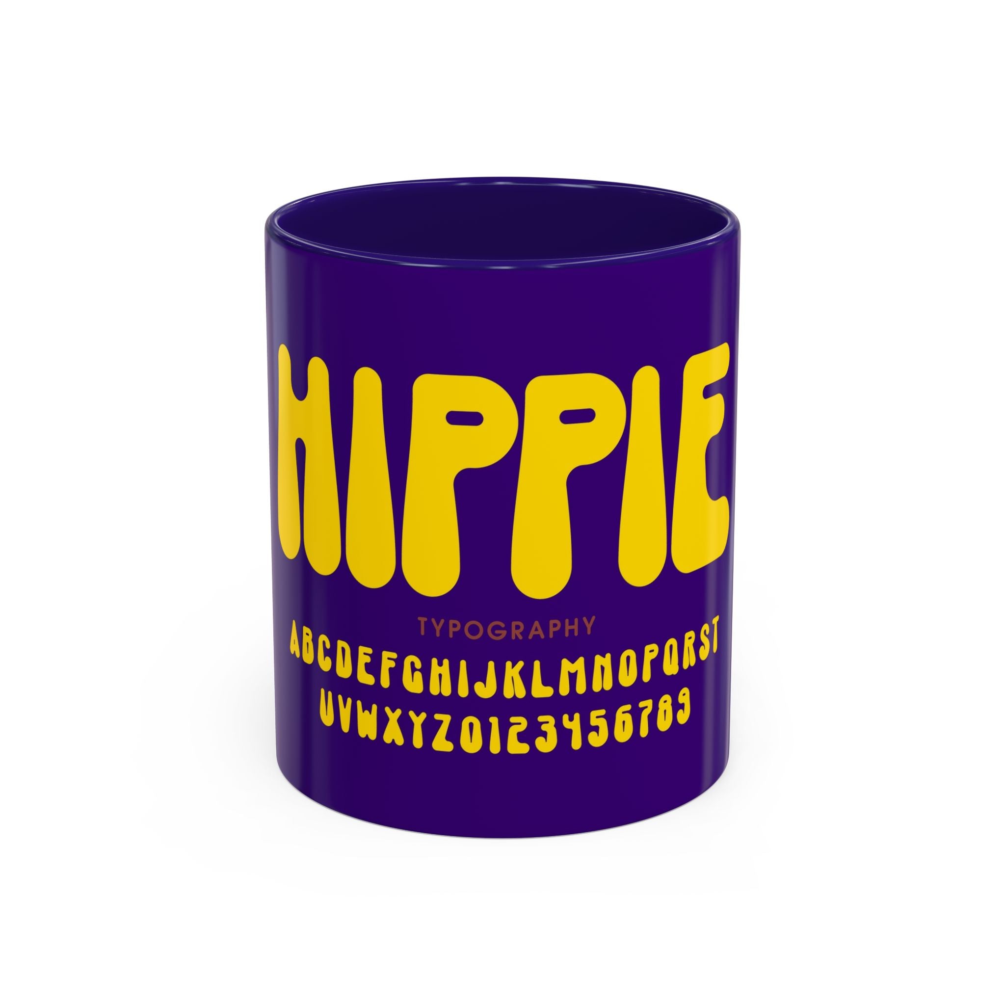 Hippie Typography Mug | Retro 70s Bubble Letters, Purple Yellow 11oz 15oz