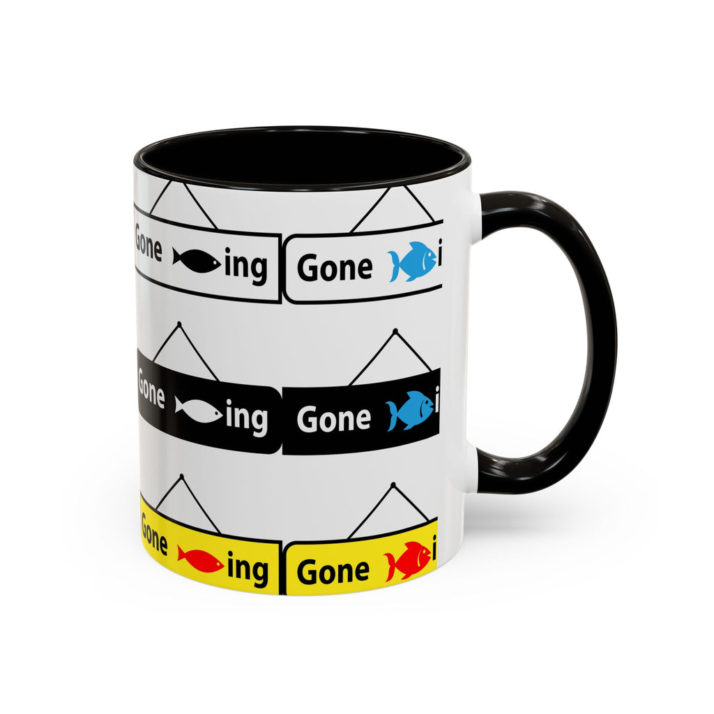 Gone Fishing Mug | Colorful Fish Sign Repeat Pattern, 11oz 15oz