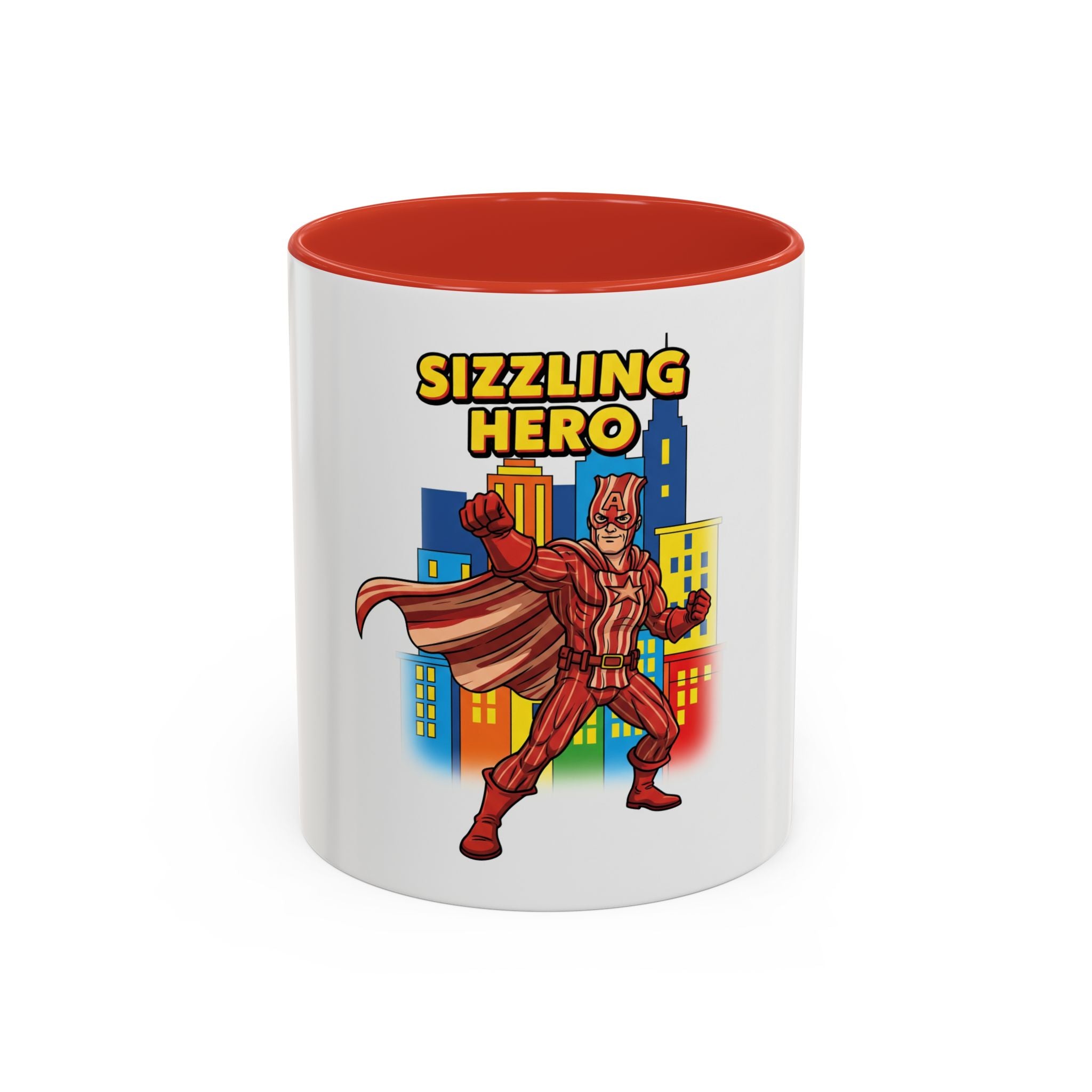 Sizzling Hero Mug | Accent Coffee Mug 11oz 15oz, Superhero City Design