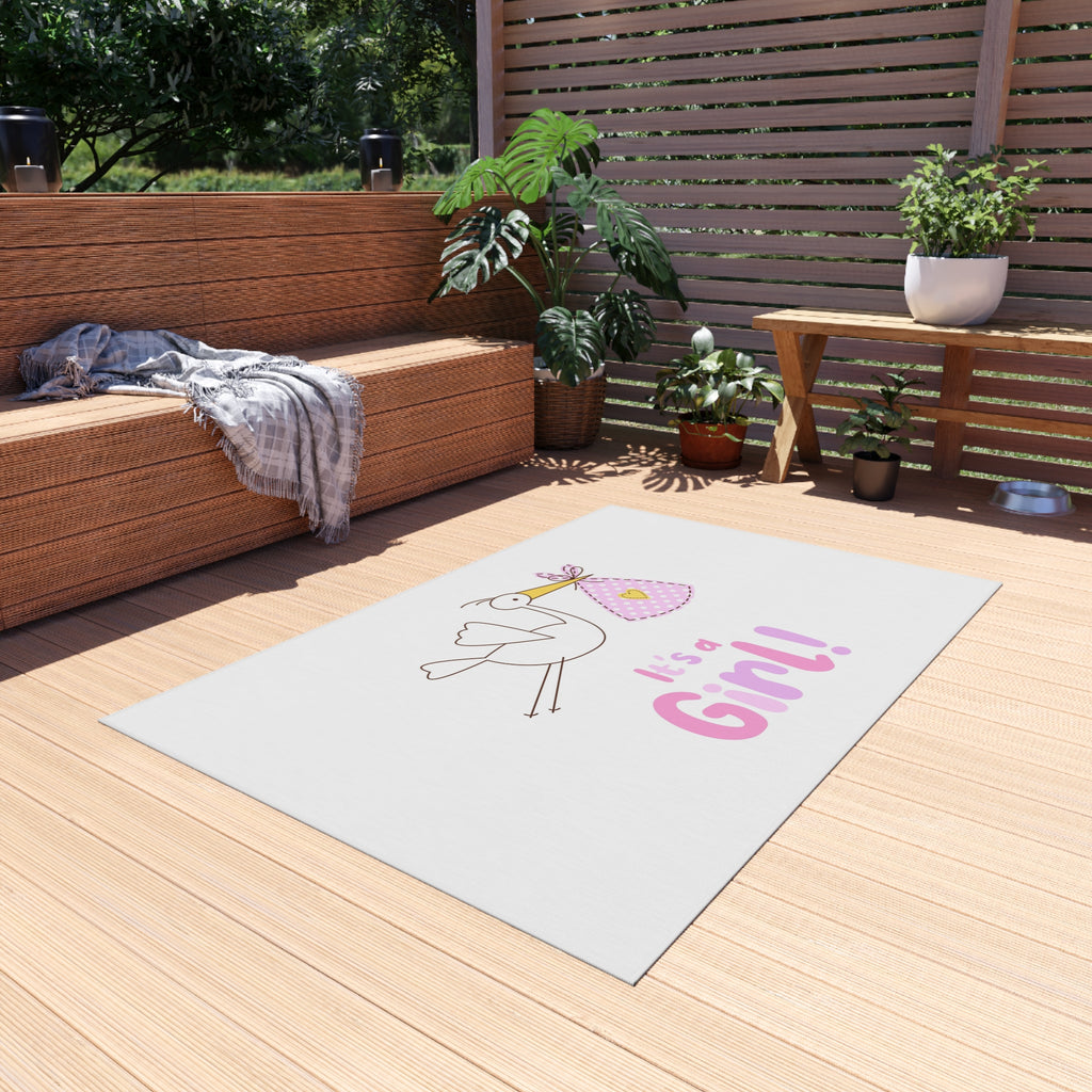 Stork with Bundle It's a Girl Outdoor Rug | Baby Shower Nursery Decor
