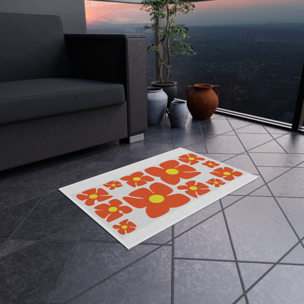 Retro Orange Flower Pattern Outdoor Rug | Mid Century Floral Patio Mat