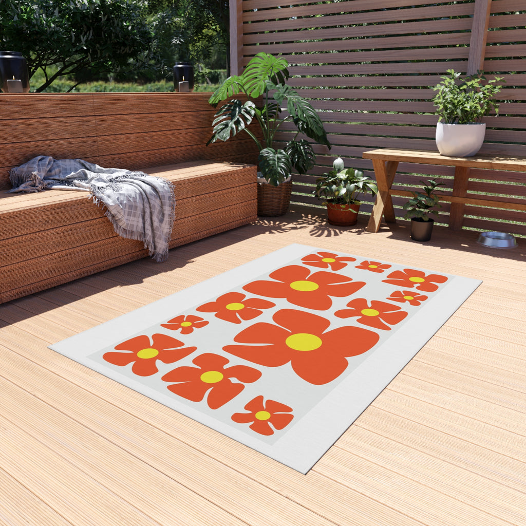 Retro Orange Flower Pattern Outdoor Rug | Mid Century Floral Patio Mat