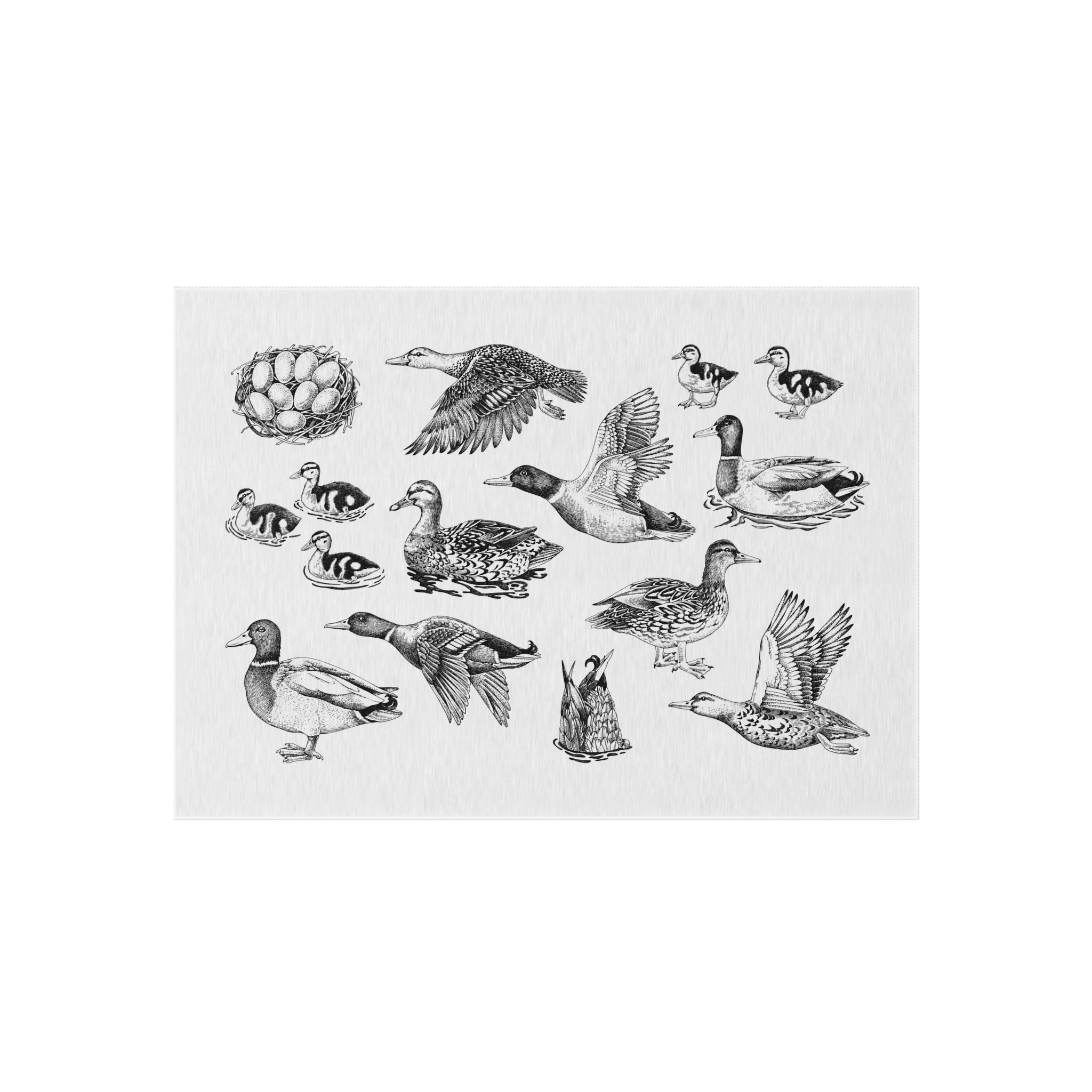 Vintage Duck Illustration Outdoor Rug | Waterfowl Pattern, Neutral Mat