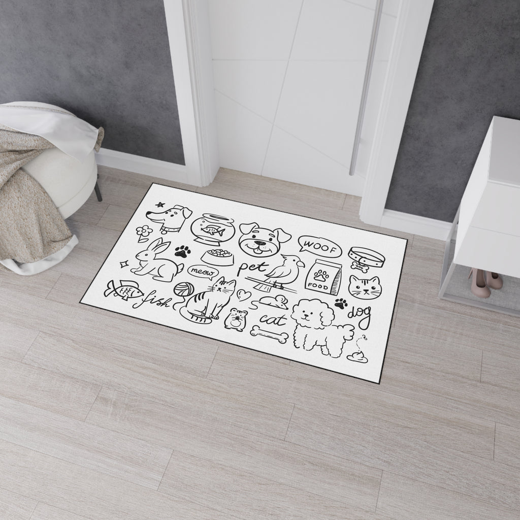 Hand Drawn Pet Doodles Heavy Duty Floor Mat | Dog Cat Rabbit Fish Bird