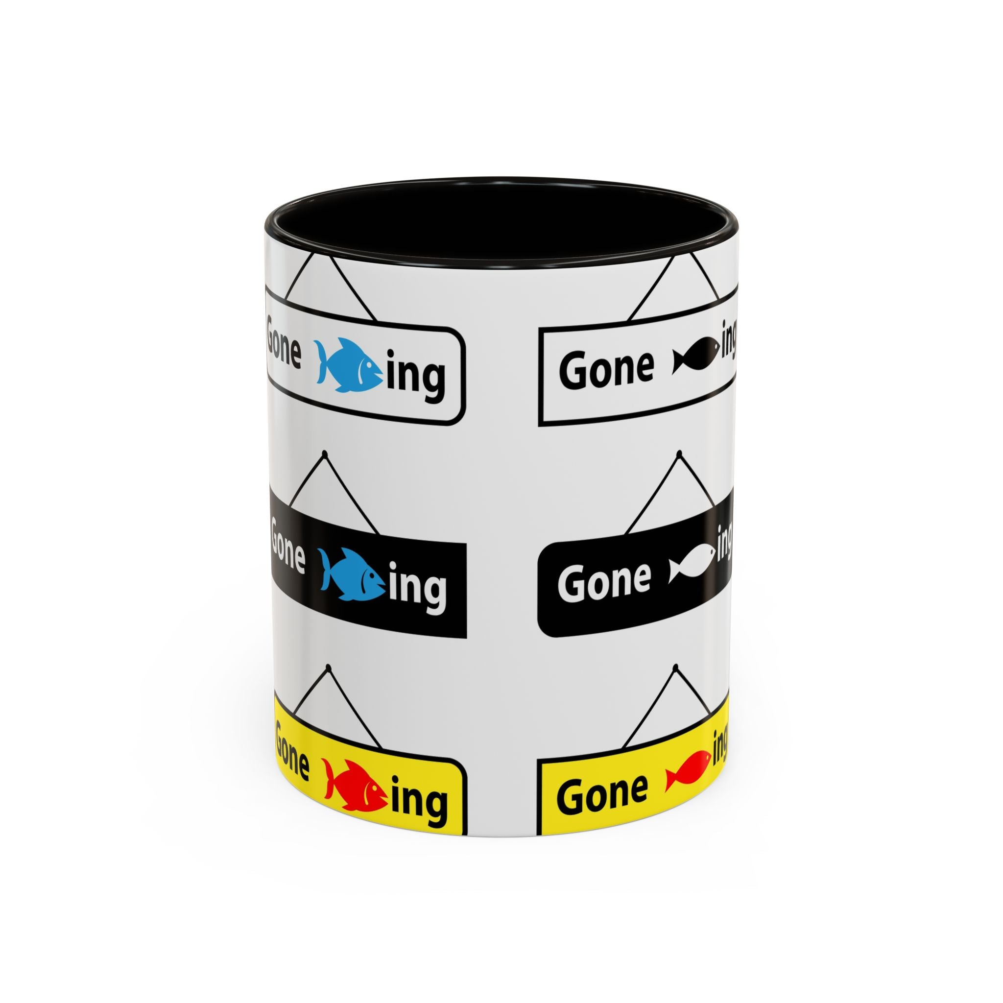 Gone Fishing Mug | Colorful Fish Sign Repeat Pattern, 11oz 15oz