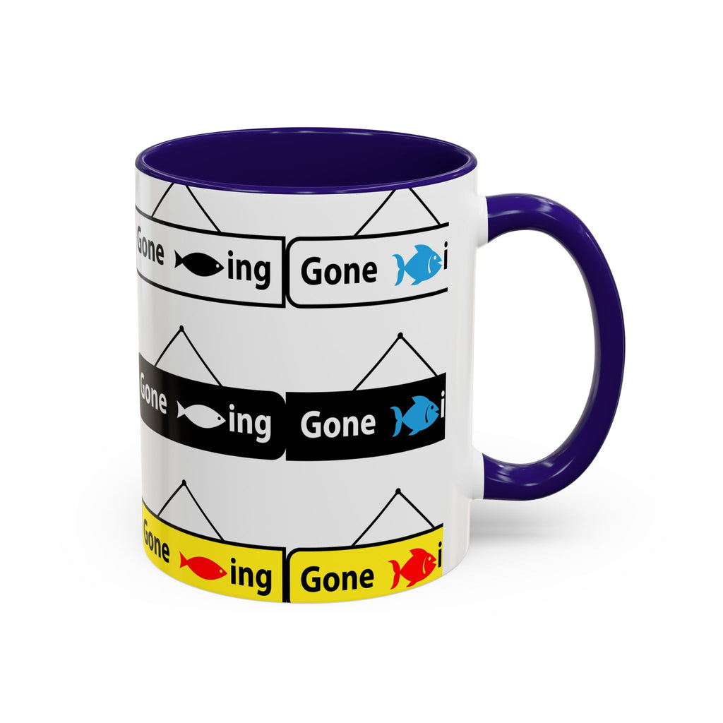 Gone Fishing Mug | Colorful Fish Sign Repeat Pattern, 11oz 15oz