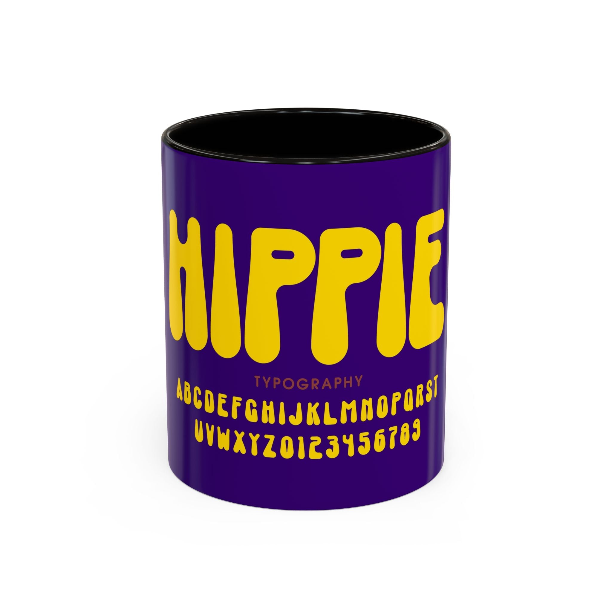 Hippie Typography Mug | Retro 70s Bubble Letters, Purple Yellow 11oz 15oz