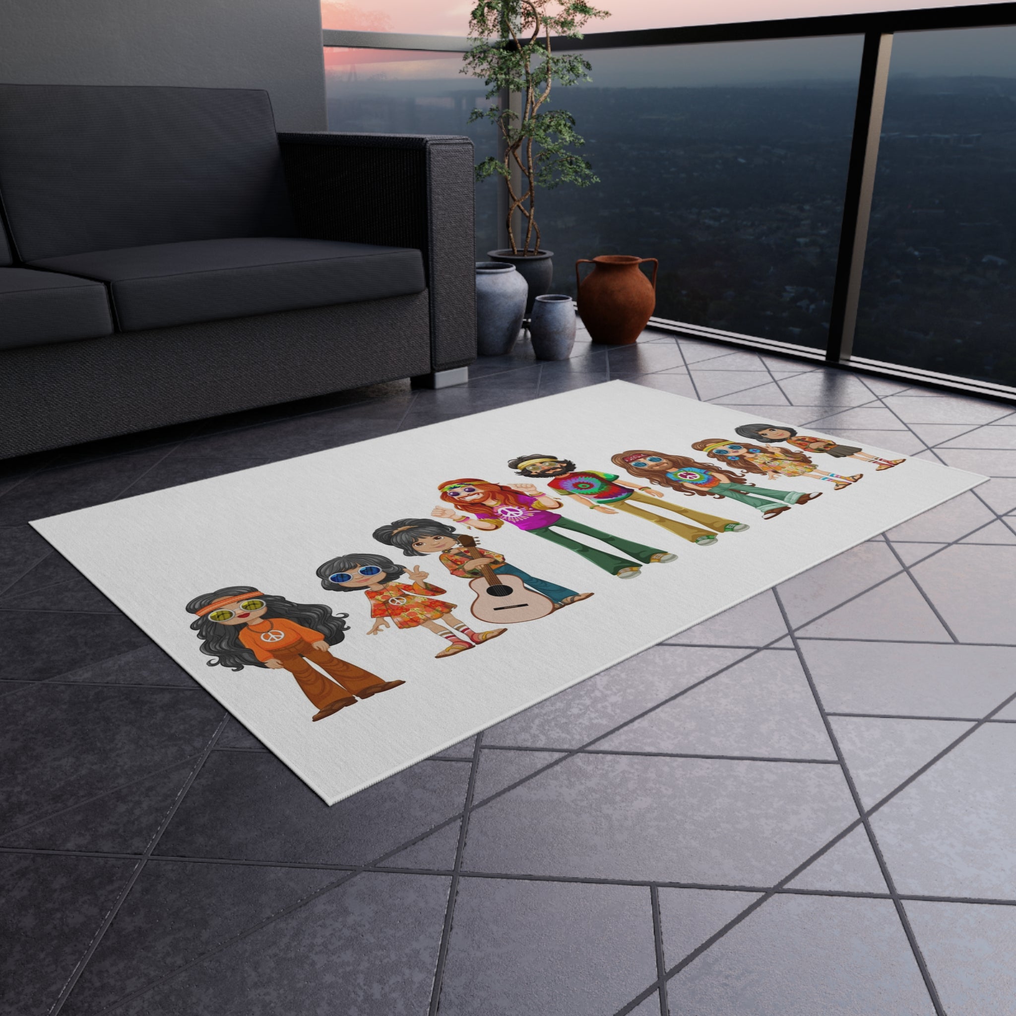 Retro Hippie Family Crew Outdoor Rug | Boho Music Festival Characters
