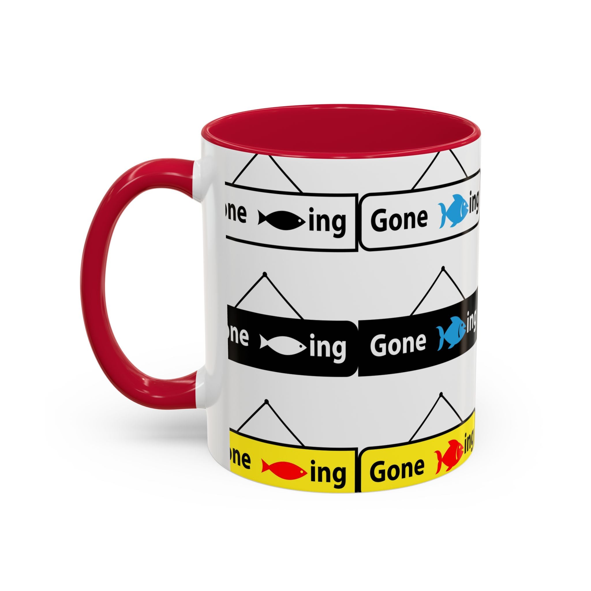 Gone Fishing Mug | Colorful Fish Sign Repeat Pattern, 11oz 15oz