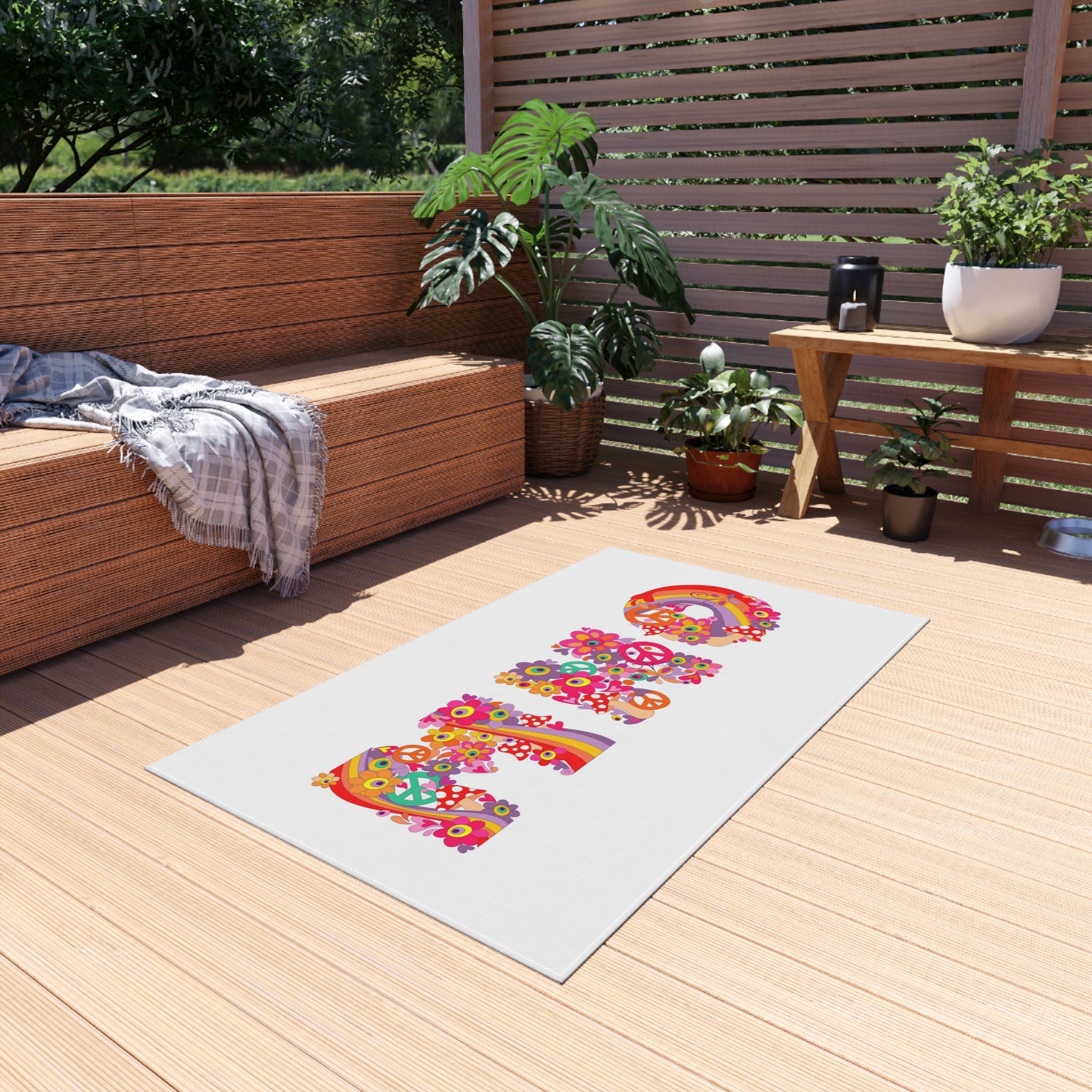Retro Floral 'MHO' Lettering Outdoor Rug | Hippie Flower Power Doormat