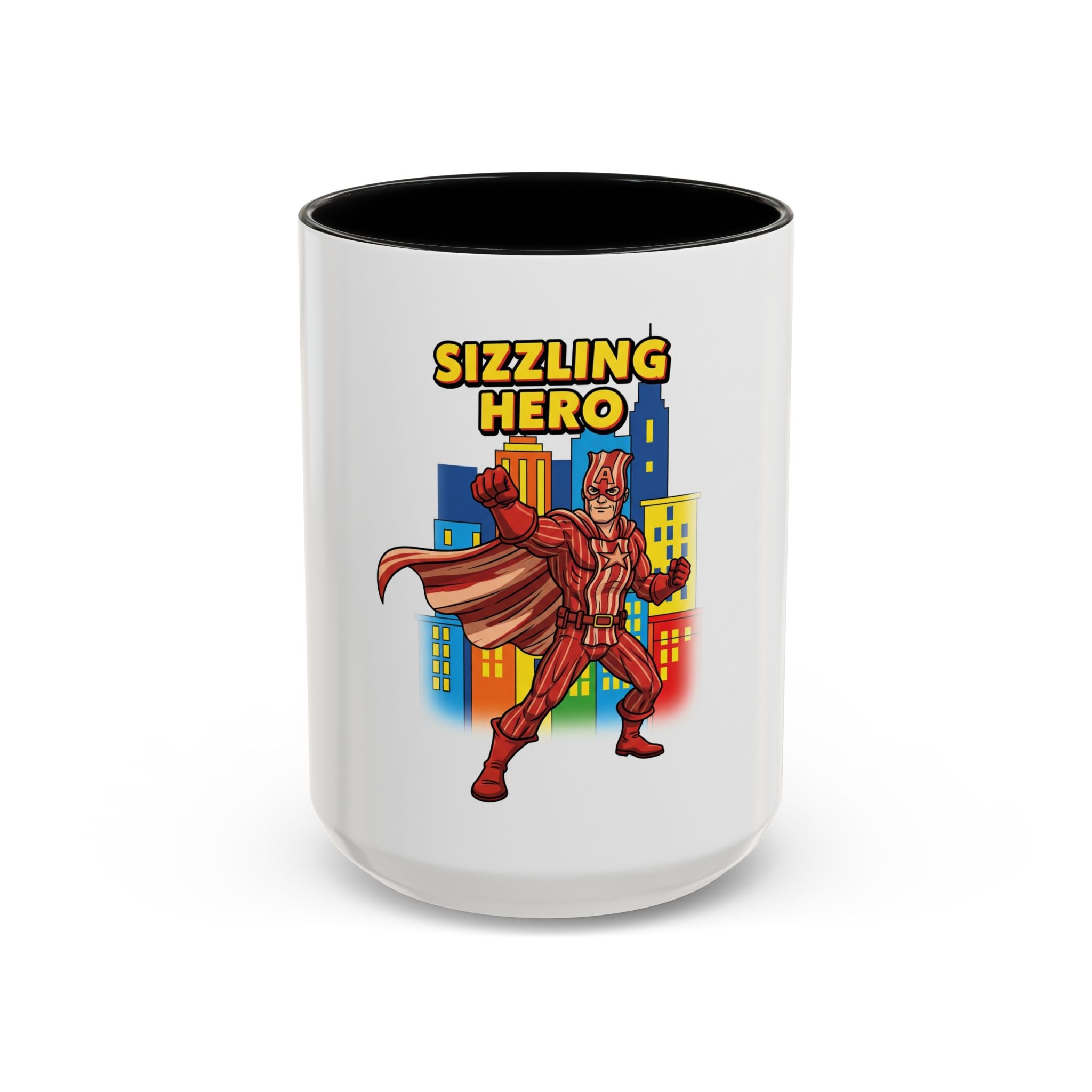 Sizzling Hero Mug | Accent Coffee Mug 11oz 15oz, Superhero City Design