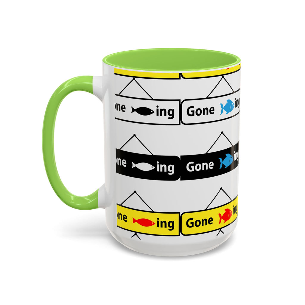 Gone Fishing Mug | Colorful Fish Sign Repeat Pattern, 11oz 15oz