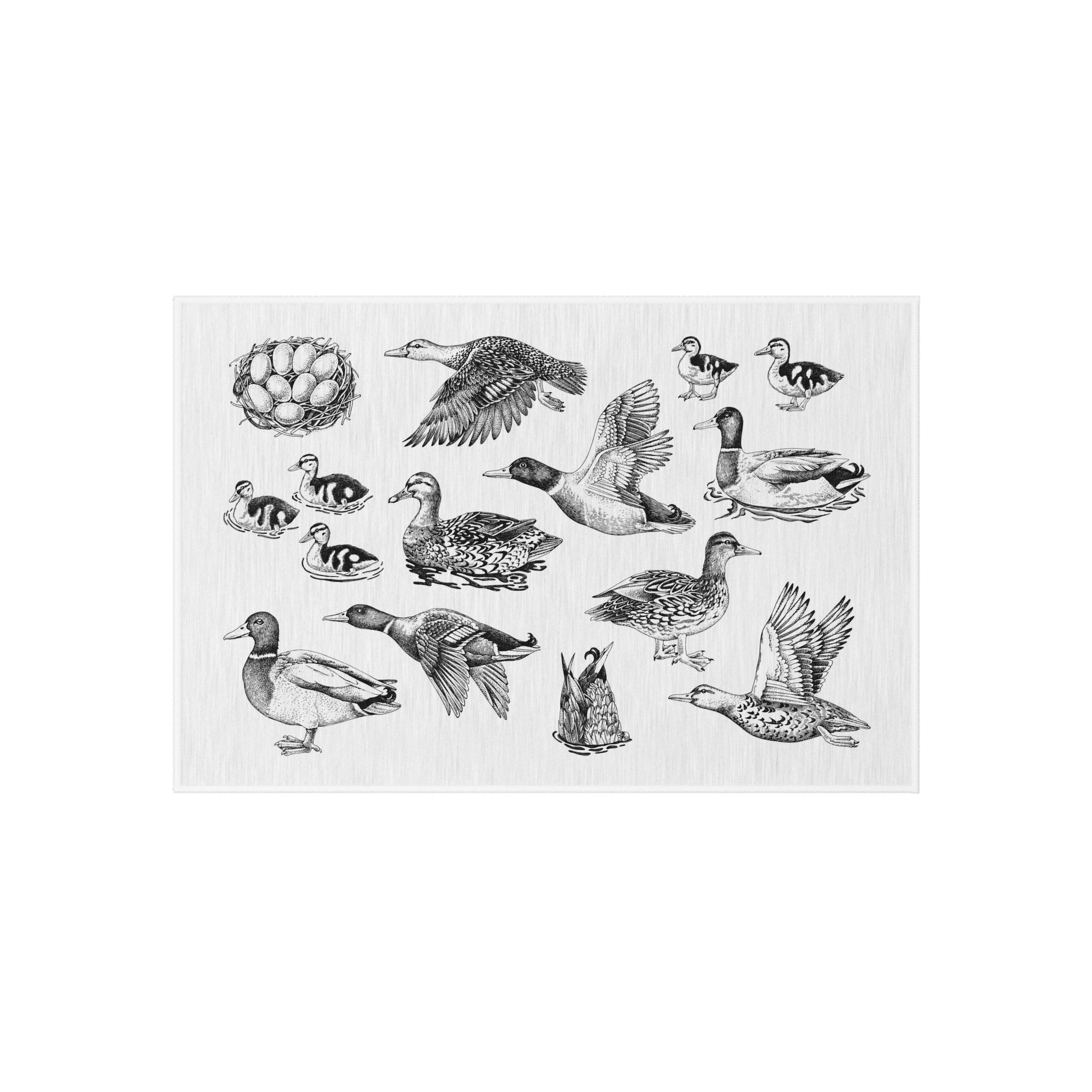 Vintage Duck Illustration Outdoor Rug | Waterfowl Pattern, Neutral Mat