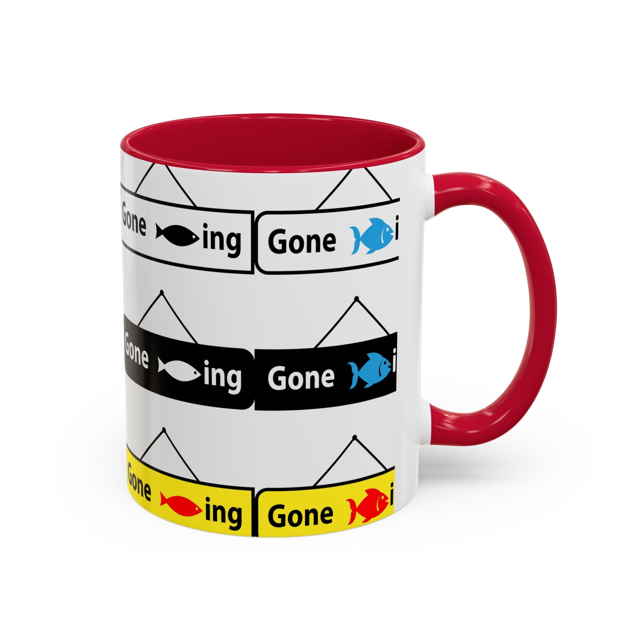 Gone Fishing Mug | Colorful Fish Sign Repeat Pattern, 11oz 15oz