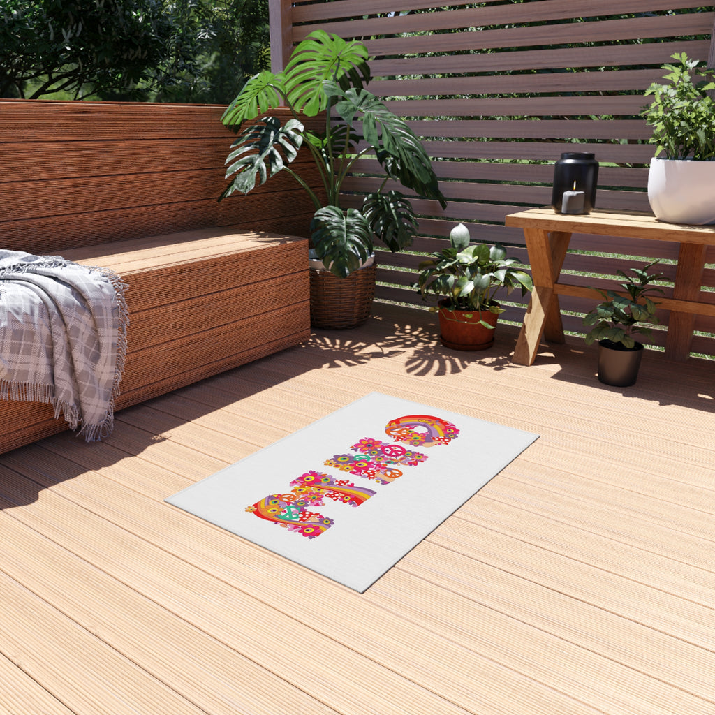 Retro Floral 'MHO' Lettering Outdoor Rug | Hippie Flower Power Doormat