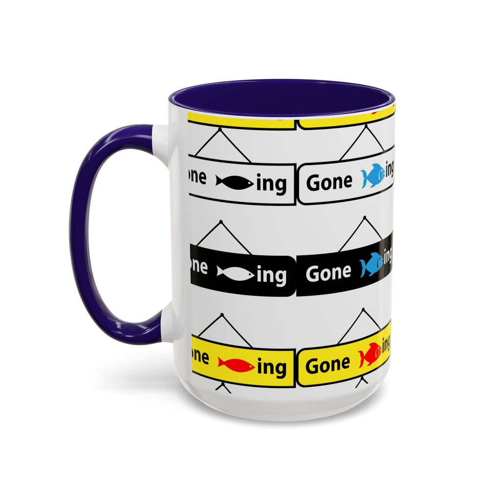Gone Fishing Mug | Colorful Fish Sign Repeat Pattern, 11oz 15oz