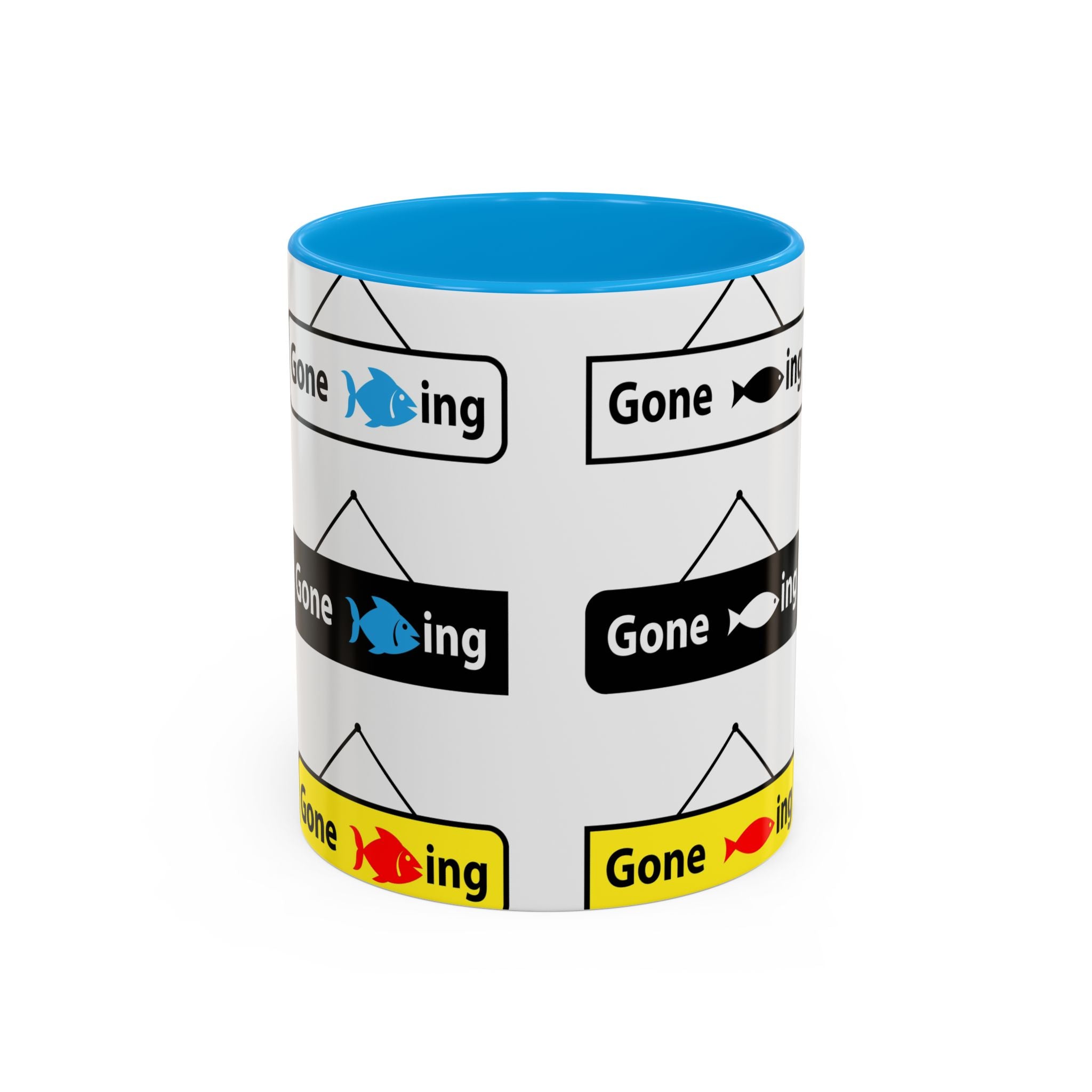Gone Fishing Mug | Colorful Fish Sign Repeat Pattern, 11oz 15oz