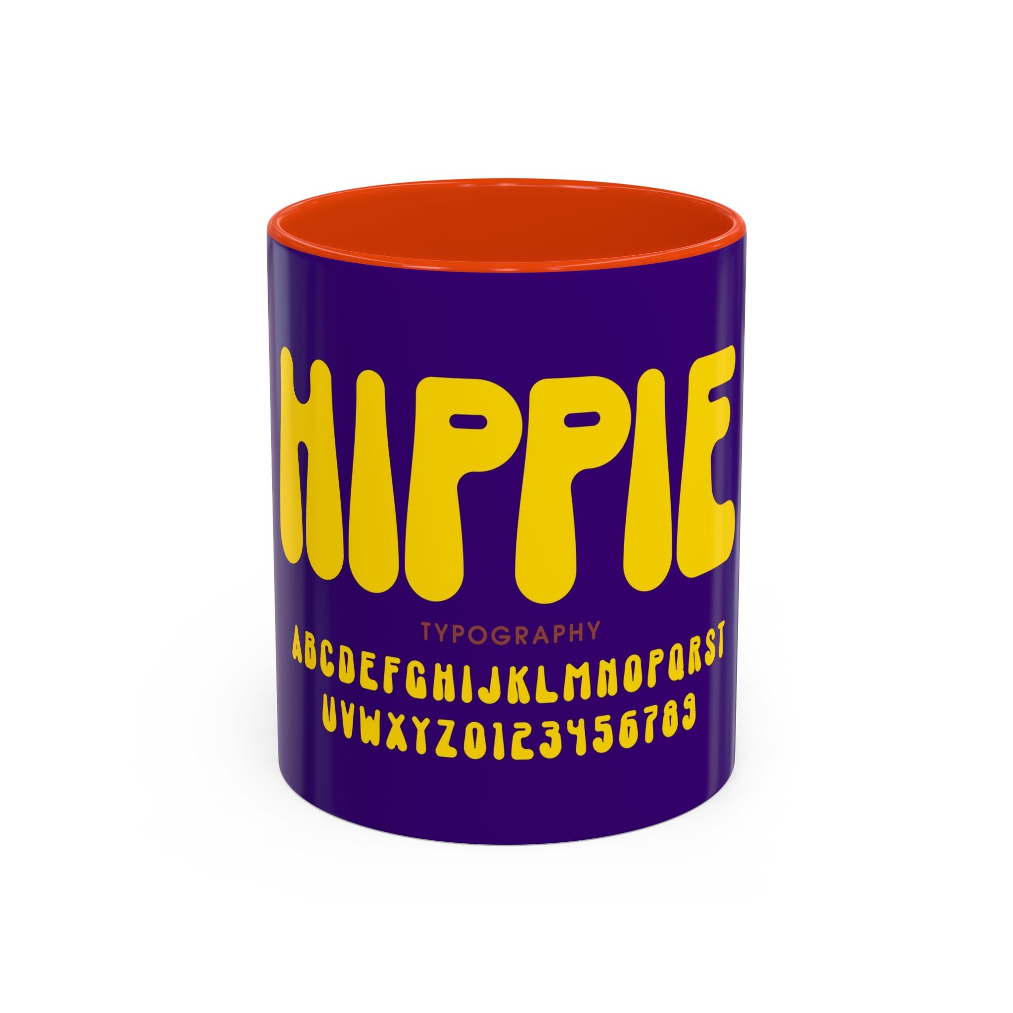 Hippie Typography Mug | Retro 70s Bubble Letters, Purple Yellow 11oz 15oz