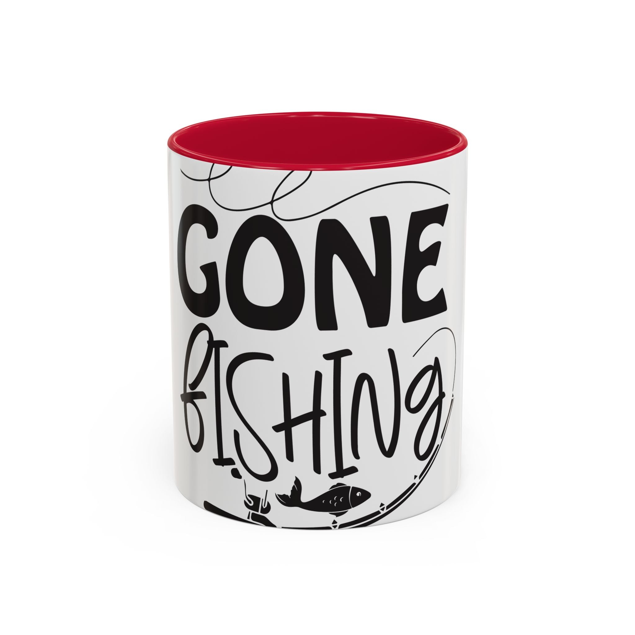 Gone Fishing mug | Fishing typography coffee mug, black handle and rim
