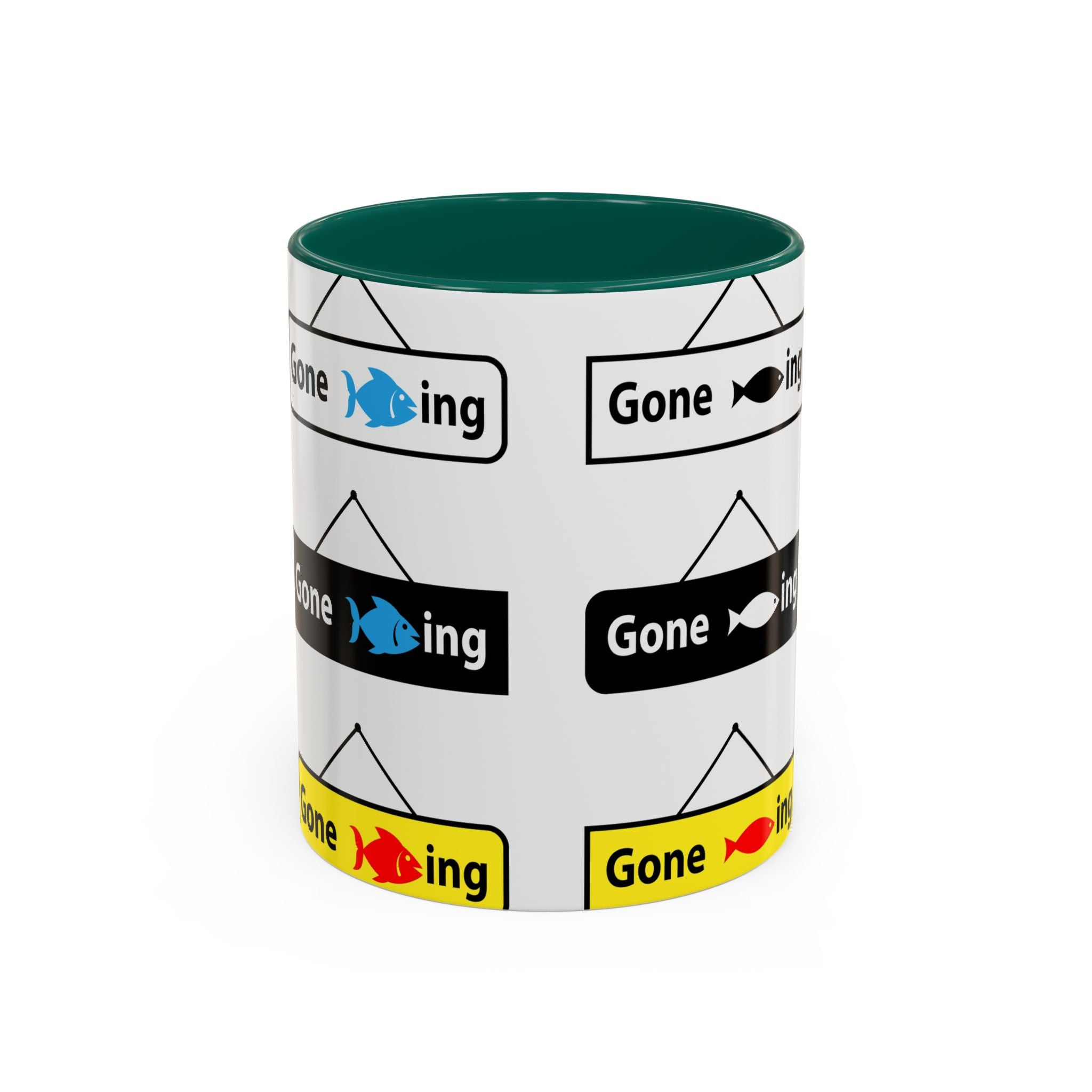 Gone Fishing Mug | Colorful Fish Sign Repeat Pattern, 11oz 15oz