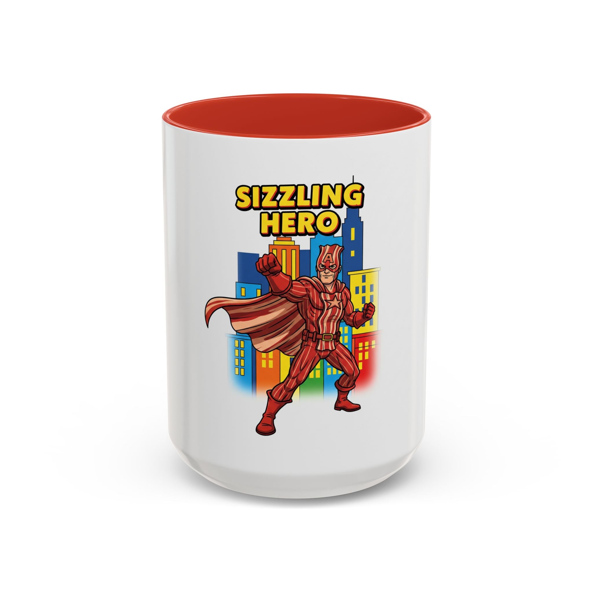Sizzling Hero Mug | Accent Coffee Mug 11oz 15oz, Superhero City Design