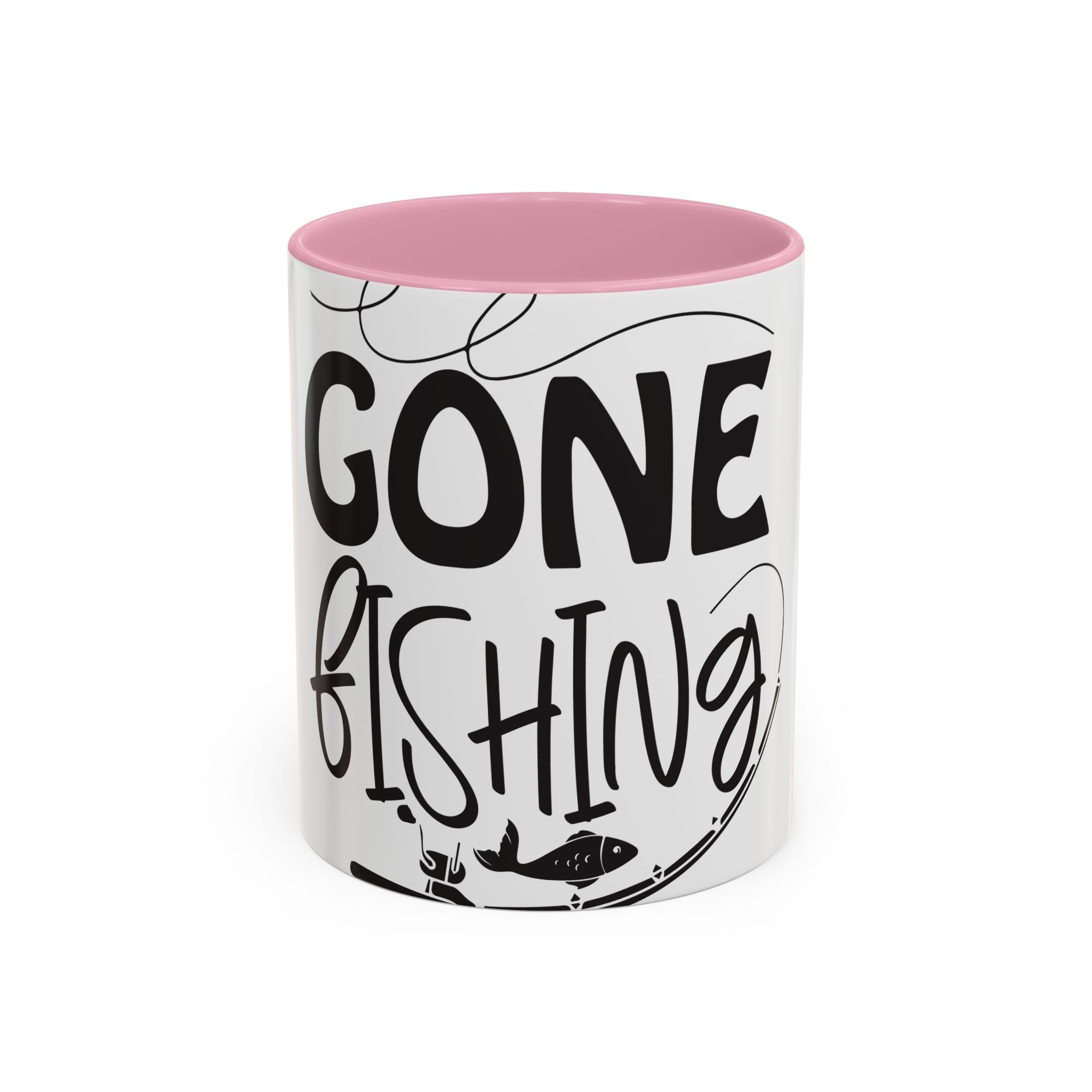 Gone Fishing mug | Fishing typography coffee mug, black handle and rim