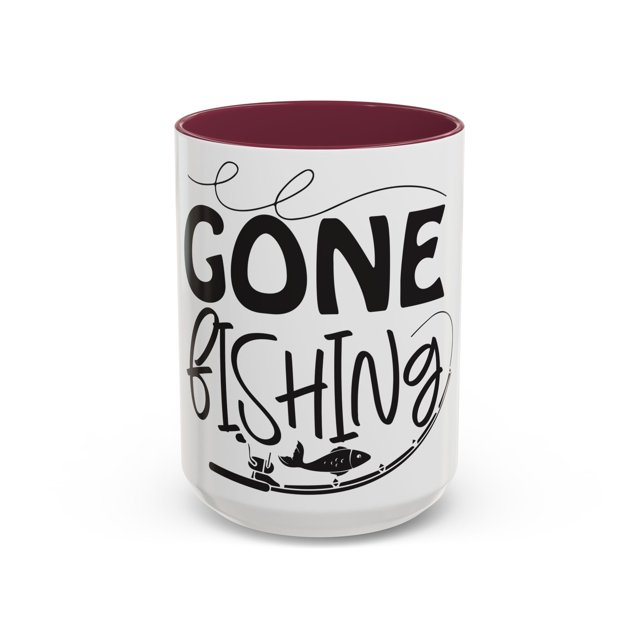 Gone Fishing mug | Fishing typography coffee mug, black handle and rim