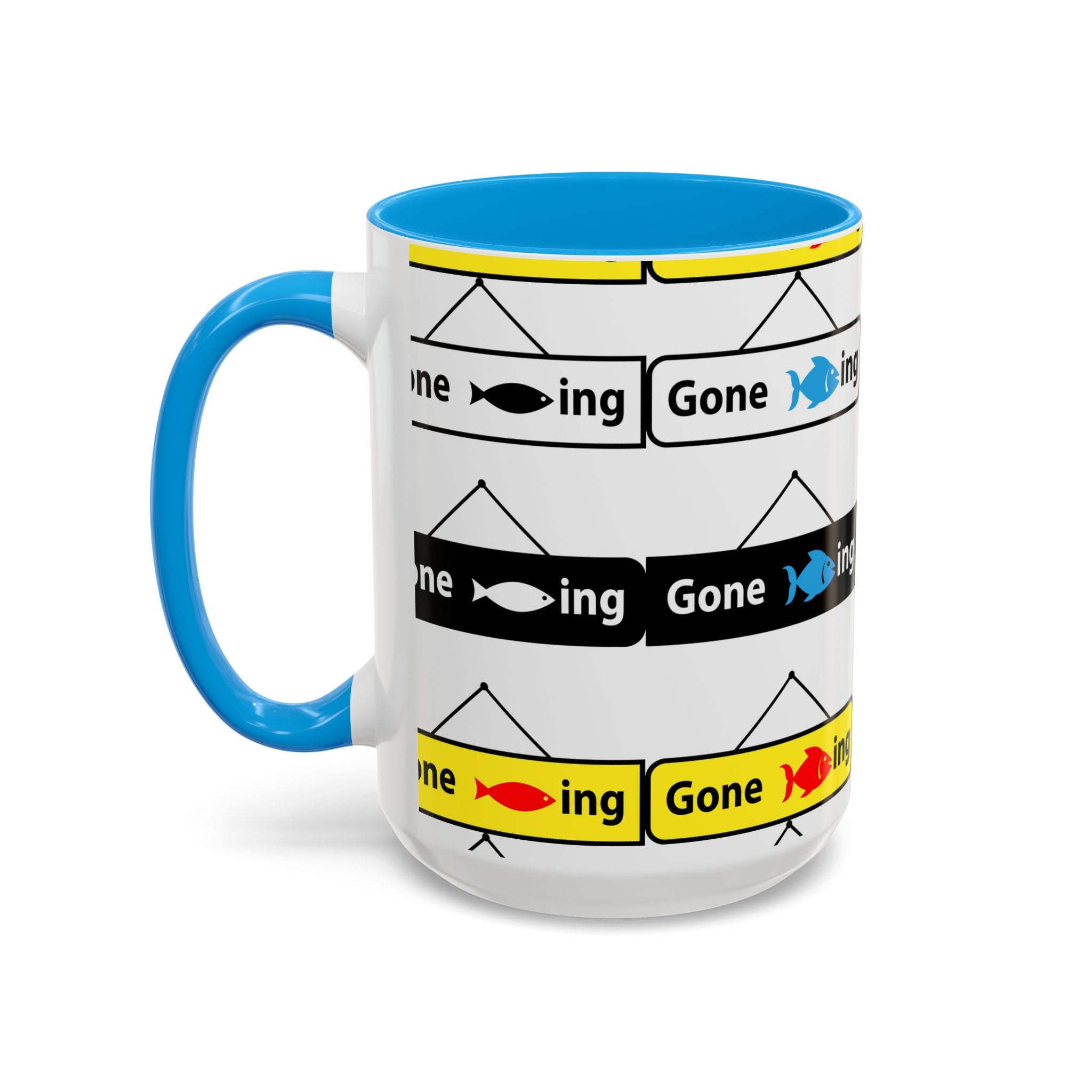 Gone Fishing Mug | Colorful Fish Sign Repeat Pattern, 11oz 15oz