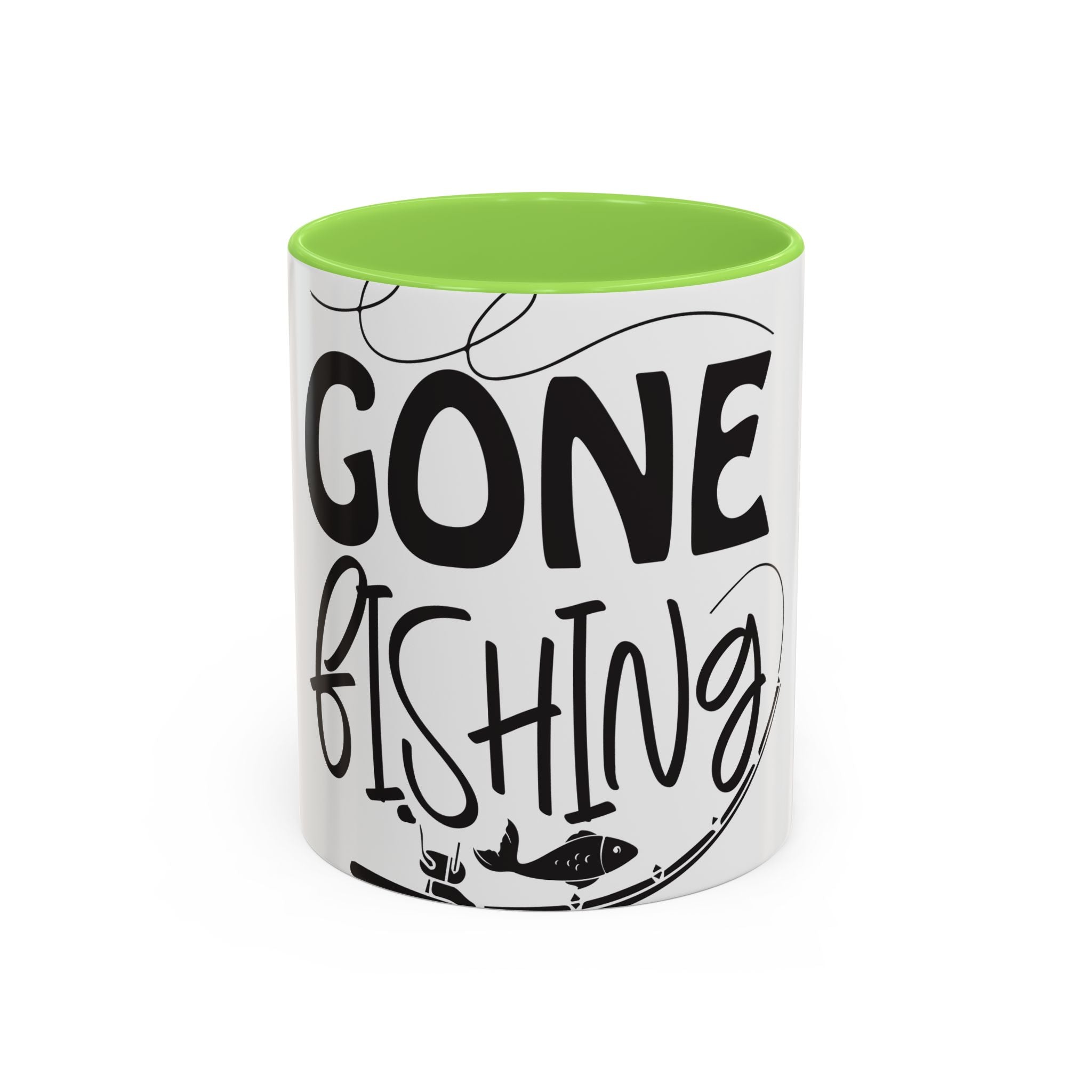 Gone Fishing mug | Fishing typography coffee mug, black handle and rim
