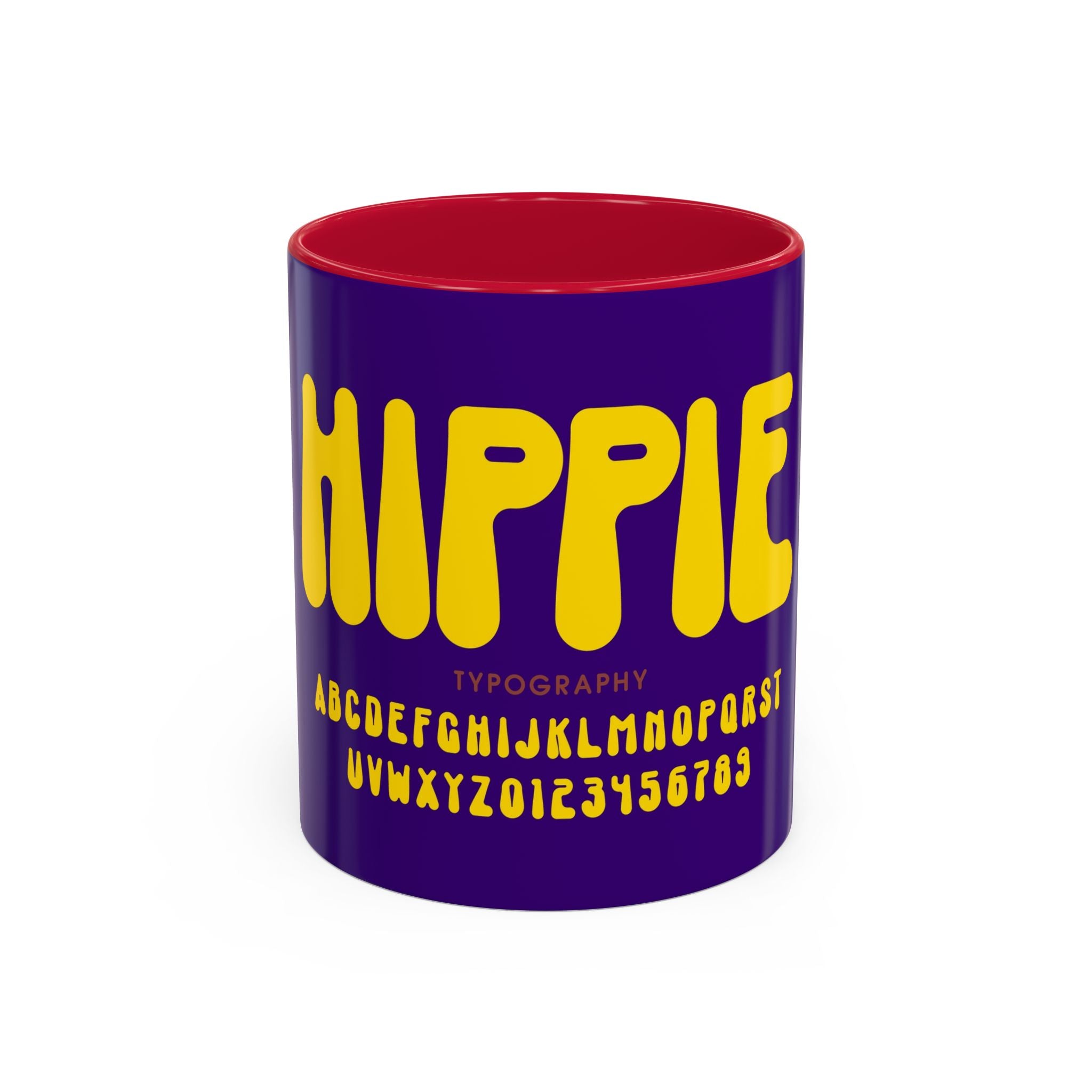 Hippie Typography Mug | Retro 70s Bubble Letters, Purple Yellow 11oz 15oz