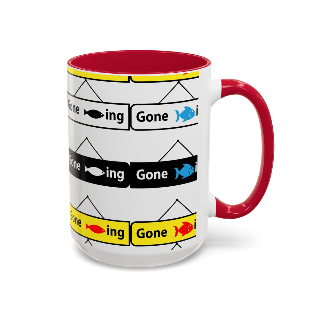 Gone Fishing Mug | Colorful Fish Sign Repeat Pattern, 11oz 15oz