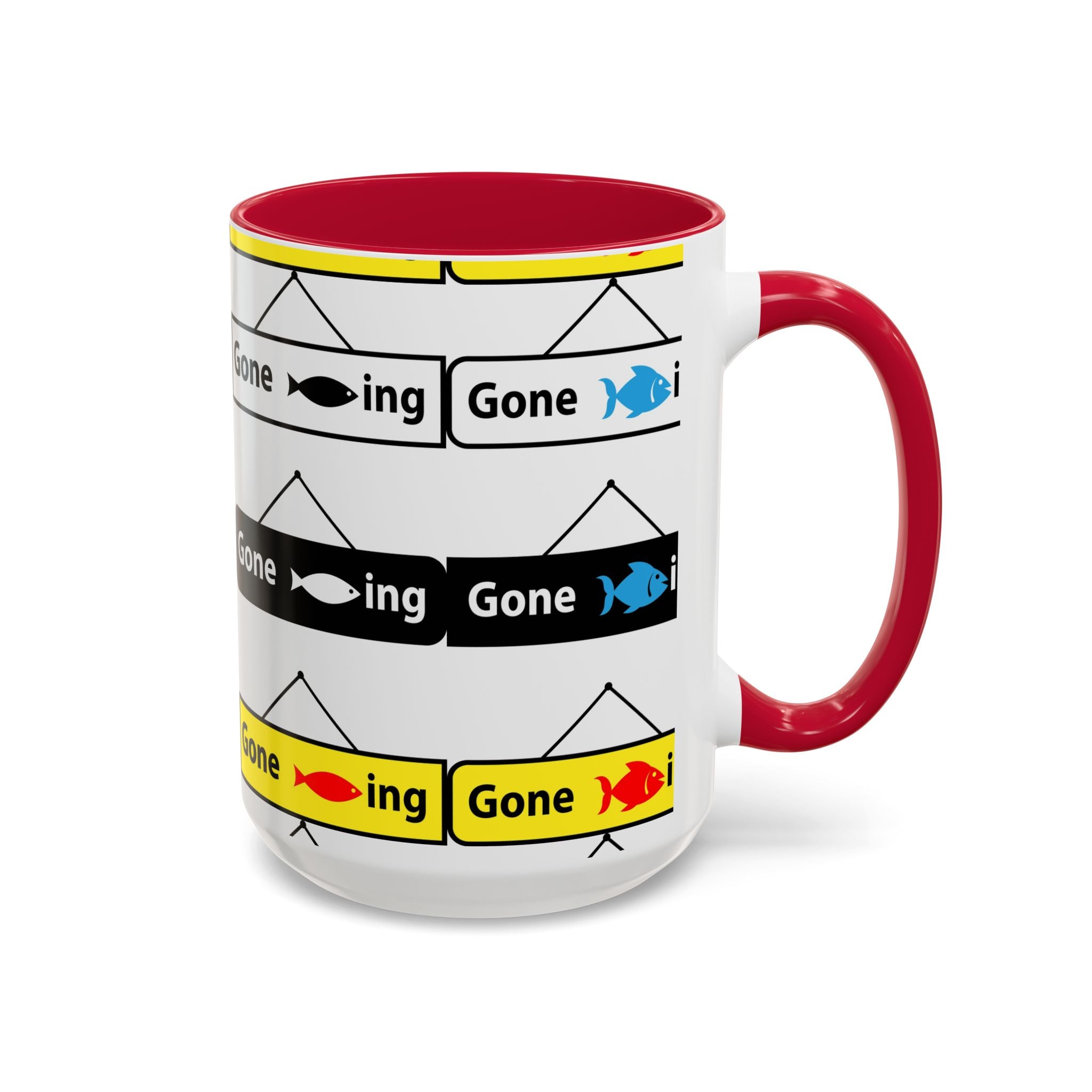 Gone Fishing Mug | Colorful Fish Sign Repeat Pattern, 11oz 15oz